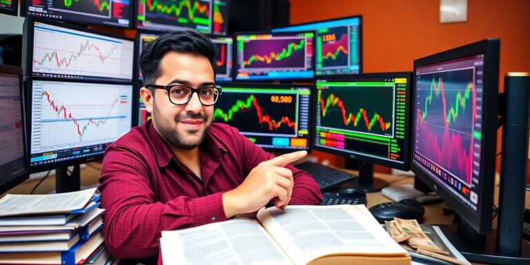 Trader analyzing Forex data with currency notes and books.