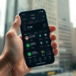 Hand holding smartphone with trading apps in urban setting.