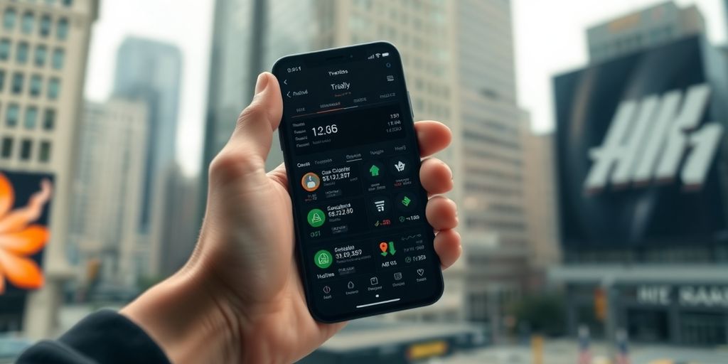 Hand holding smartphone with trading apps in urban setting.