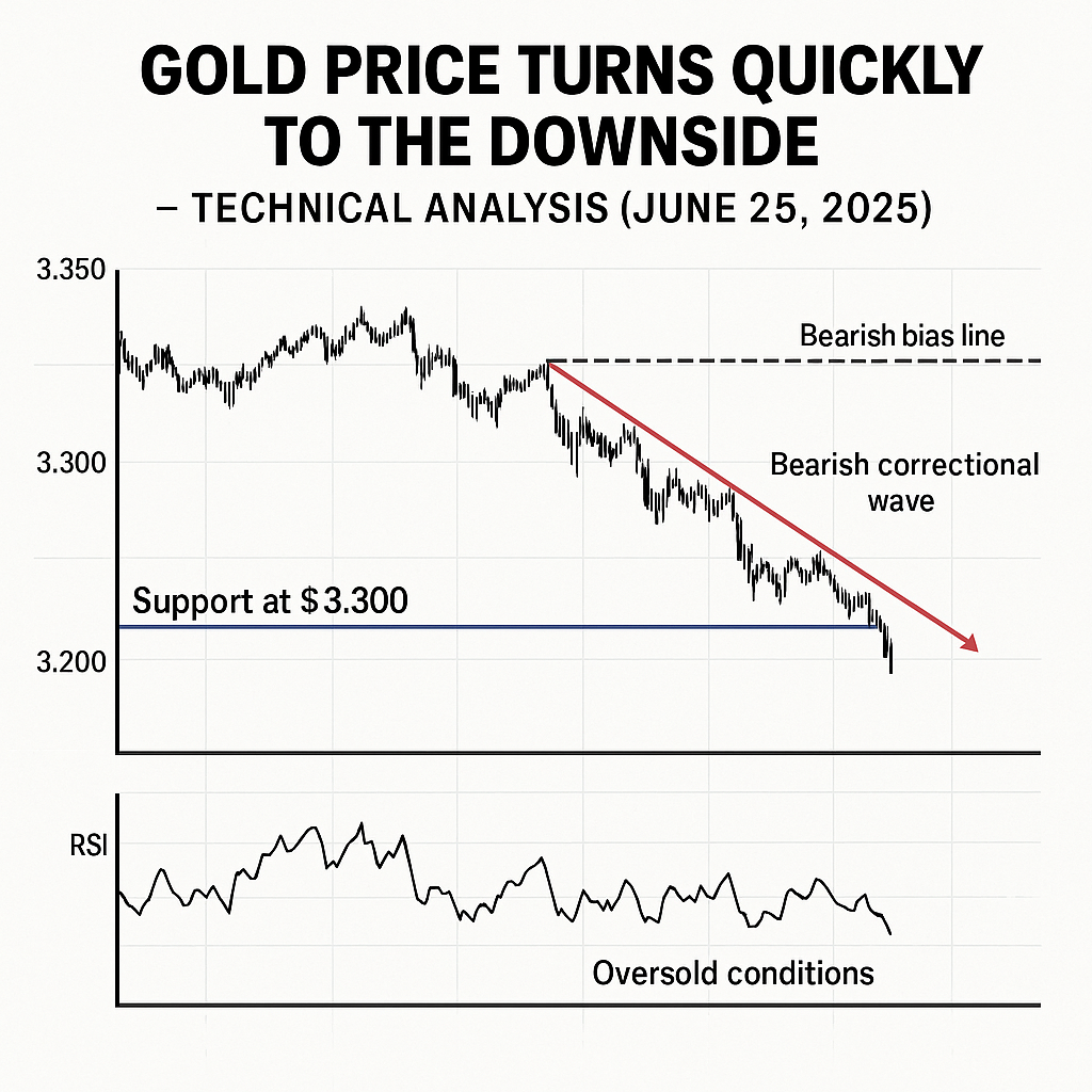 A technical analysis chart showing gold prices trending downward on June 25, 2025. The chart highlights a bearish correctional wave, a resistance line labeled “Bearish bias line,” and a support level at $3,300. An RSI indicator at the bottom signals oversold conditions. The chart is labeled “Gold Price Turns Quickly to the Downside – Technical Analysis (June 25, 2025).”